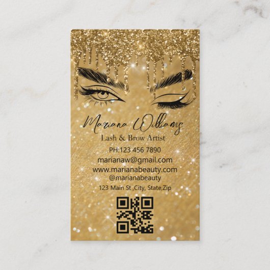 Carte De Visite lash and brow artist qr code golden sparkles (Devant)