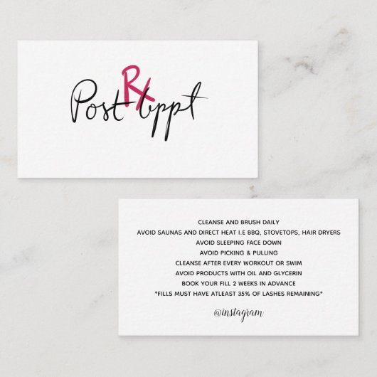 Carte De Visite Lash Extensions Aftercare Card - Rx (Devant / Derrière)