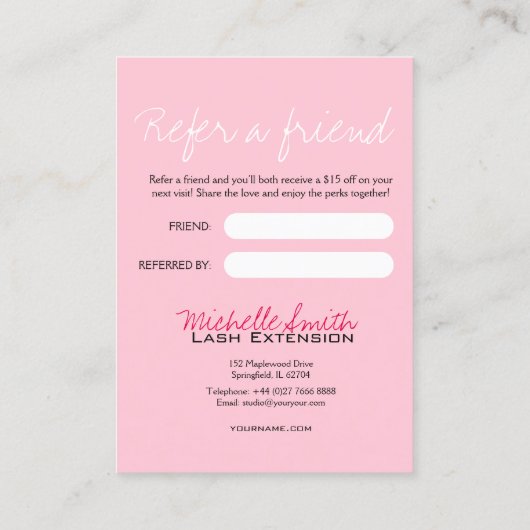 Carte De Visite Lash extensions Pink Afcare Référer un ami (Dos)