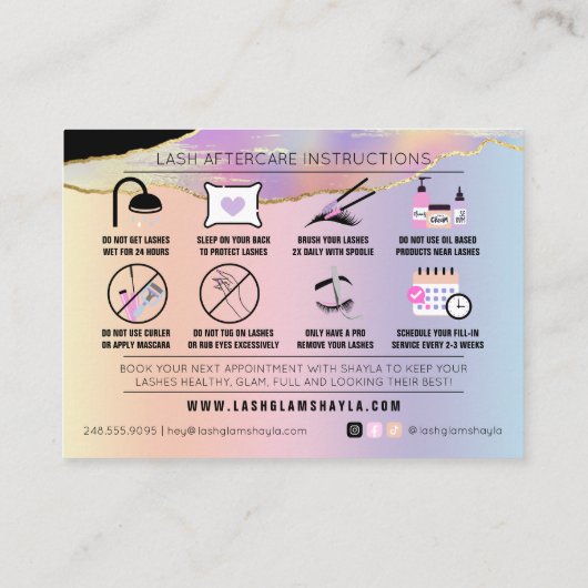 Carte De Visite Lash Extensions post-soins Holographique Arc-en-ci (Dos)
