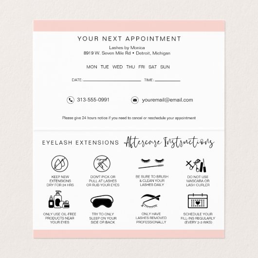 Carte De Visite Lash Instructions et rappel de rendez-vous (Intérieur déplié)