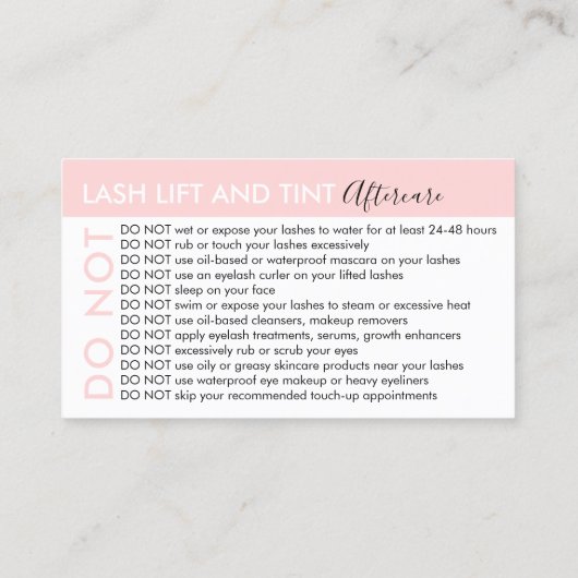 Carte De Visite Lash Lift et Tint évite les conseils de post-soins (Dos)
