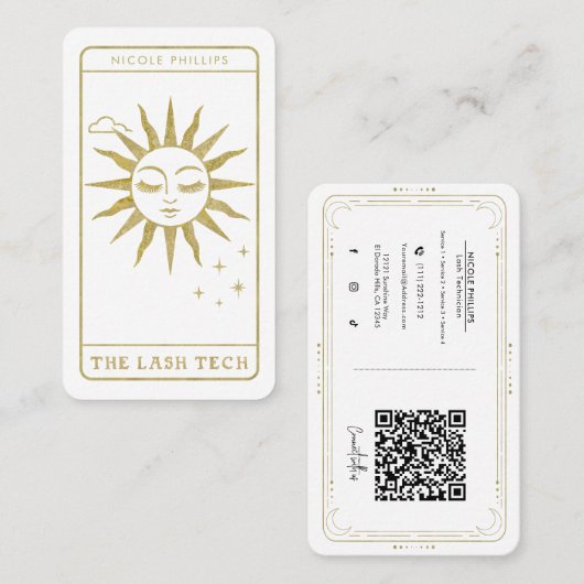 Carte De Visite Lash Tech Golden Sun Tarot médias sociaux QR (Devant / Derrière)