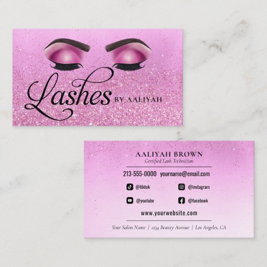 Carte De Visite Lash Tech Pink Glam Parties scintillant Eyes Salon (Devant / Derrière)