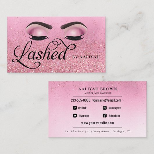 Carte De Visite Lash Tech Rose Red Pink Glam Parties scintillant y (Devant / Derrière)