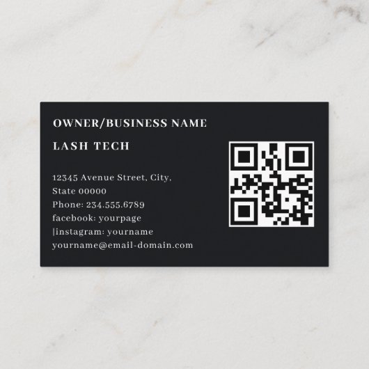 Carte De Visite Lash Tech Salon Photo Black Luxe QR Code (Dos)