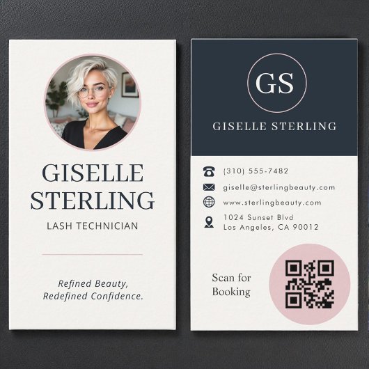 Carte De Visite Lash Technician Blush & Navy Photo QR Code