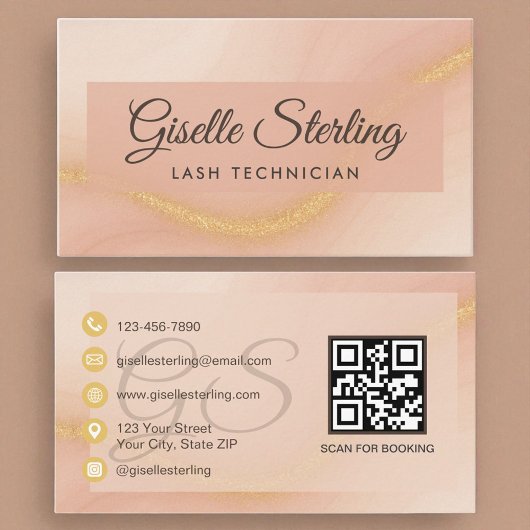 Carte De Visite Lash Technicien Aquarelle Or Monogramme QR Code