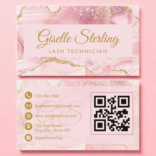 Carte De Visite Lash Technicien Blush Pink Gold Agate QR Code