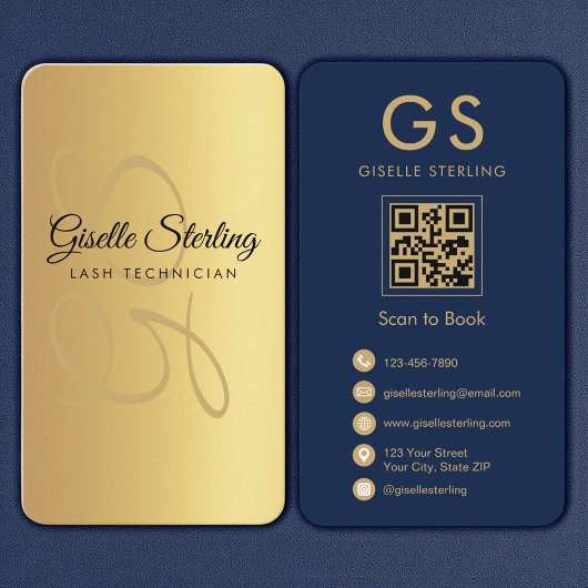 Carte De Visite Lash Technicien Gold Marine Blue QR Code Monogramm