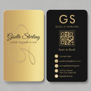 Carte De Visite Lash Technicien Monogram Gold Black QR Code