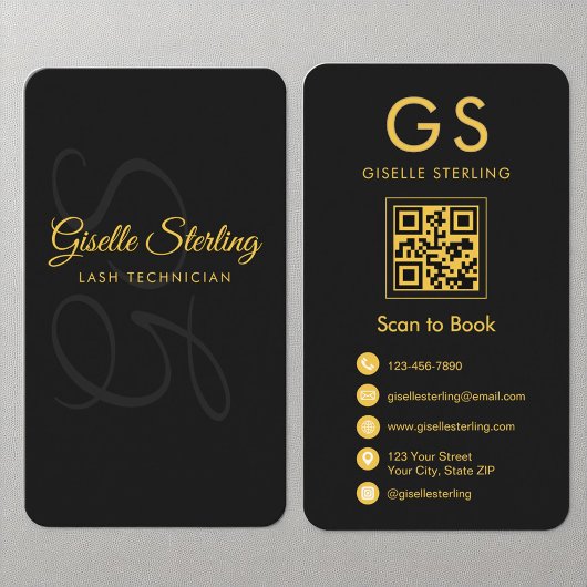 Carte De Visite Lash Technicien Monogramme Black Gold QR Code Beau