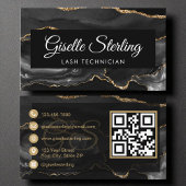 Carte De Visite Lash Technicien QR Code Black Gold Agate Luxe