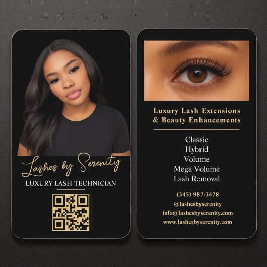 Carte De Visite Lash Technicien QR Code Black Gold Luxury Beauté