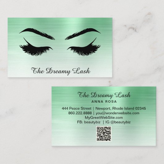 Carte De Visite *~* Lashes Brows Extensions QR Mint métallique (Devant / Derrière)