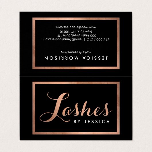 Carte De Visite Lashes de Glam Script Rose texte Gold/Black Afterc (Extérieur déplié)