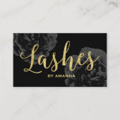 Carte De Visite Lashes Gold Script élégant Floral noir (Devant)