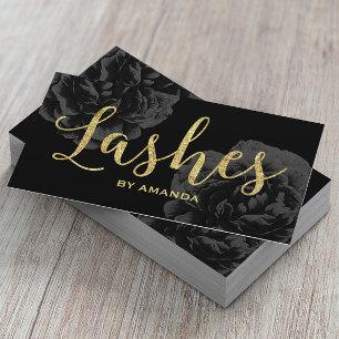 Carte De Visite Lashes Gold Script élégant Floral noir