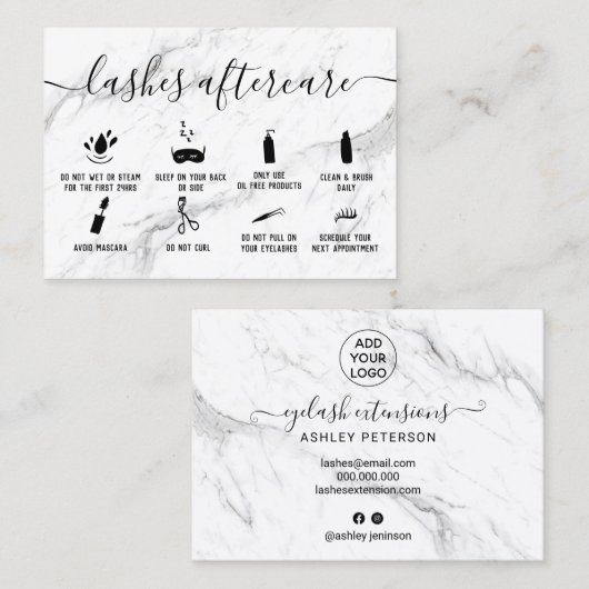 Carte De Visite lashes illustrations de postsoins de marbre blanc  (Devant / Derrière)