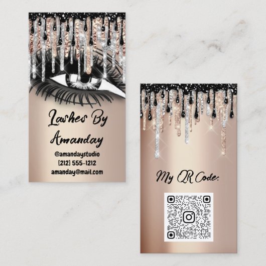 Carte De Visite Lashes maquillage Black Drips QR Code Logo Rose Go (Devant / Derrière)