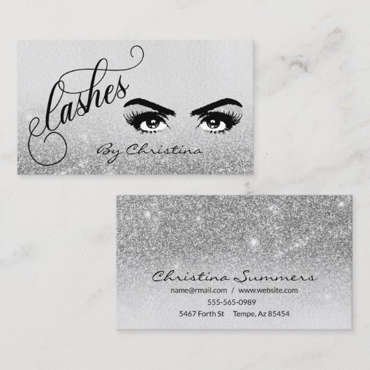 Carte De Visite Lashes Script Argent Ombre parties scintillant Eye (Devant / Derrière)
