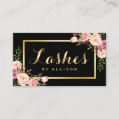 Carte De Visite Lashes Script maquillage moderne Black Gold Floral (Devant)
