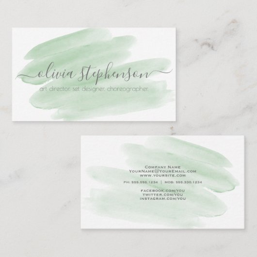 Carte De Visite Lavage à l'aquarelle vert Sage (Devant / Derrière)