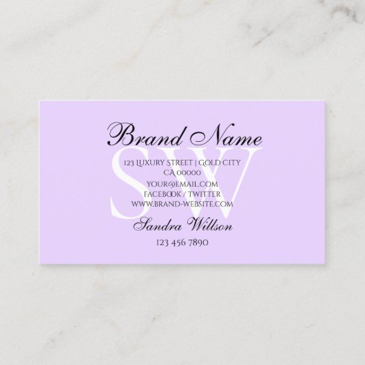 Carte De Visite Lavande Pastel Blanc Moderne avec Initiales (Dos)