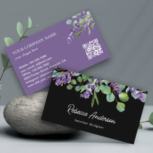 Carte De Visite Lavande Rustique Floral Eucalyptus Black QR Code
