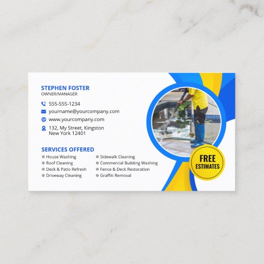 Carte De Visite Lave-linge à pression jaune bleu Services propres (Dos)