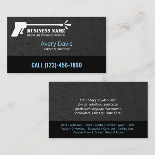 Carte De Visite Lave-pression Eau de lavage gouttes Noir (Devant / Derrière)