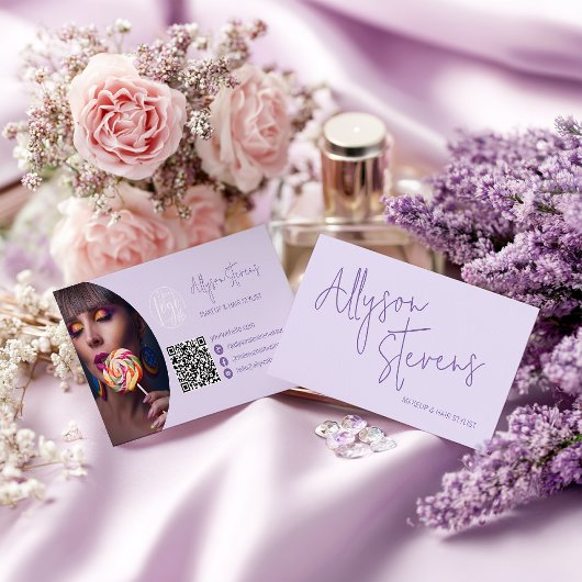 Carte De Visite Lavender Modern name script makeup hair logo qr