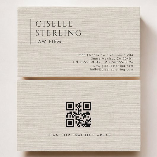 Carte De Visite Law Firm Luxury Neutral Linen QR Code