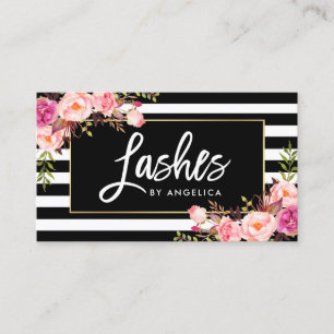 Carte De Visite Le manuscrit de brosse fouette rayé floral rose