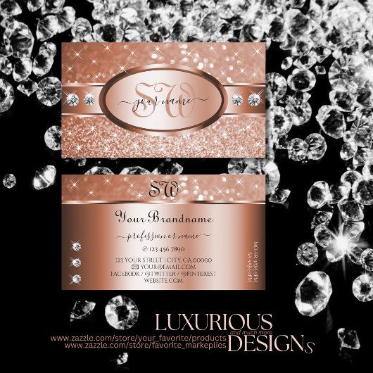 Carte De Visite Le monograme de Luxury Rose Gold Glitter Stars Dia