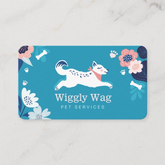 Carte De Visite Leaping Chien Floral Botanical Blue Animaux Servic (Devant)