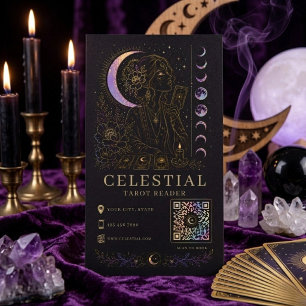 Carte De Visite Lecteur de Tarot Céleste Luxe Noir Or QR