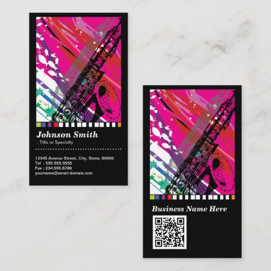 Carte De Visite Lecteur saxophone - Dessin Abstrait Cool - Code QR (Devant / Derrière)