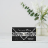 Carte De Visite Léopard Élégant Noir Argent Diamant Perle 2 (Debout devant)