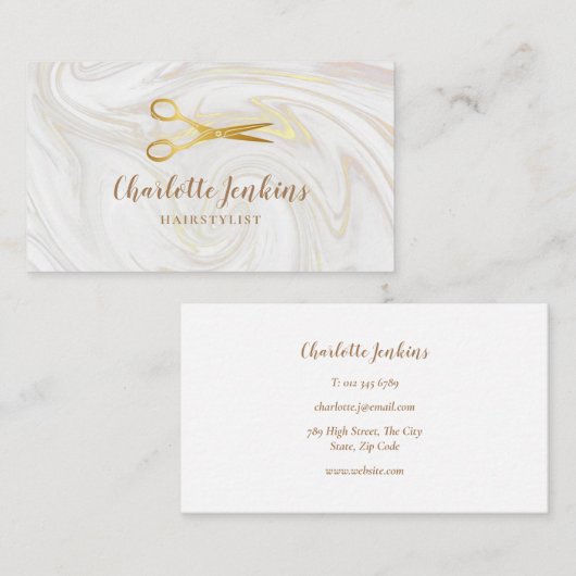 Carte De Visite Les ciseaux d'or de marbre de coiffure (Devant / Derrière)