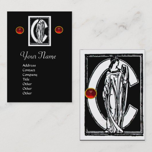 CARTE DE VISITE LETTRE C MONOGRAMME BLANC NOIR, GEM ROUGE RUBY (Devant / Derrière)