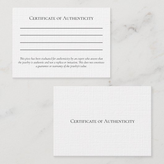 Carte De Visite Lettre d'authenticité Modèle pour bijoux (Devant / Derrière)
