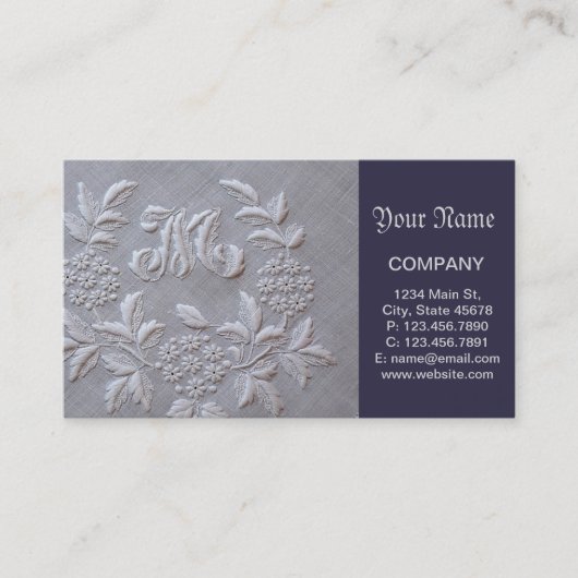Carte De Visite Lettre florale M de monogramme de broderie grise (Devant)