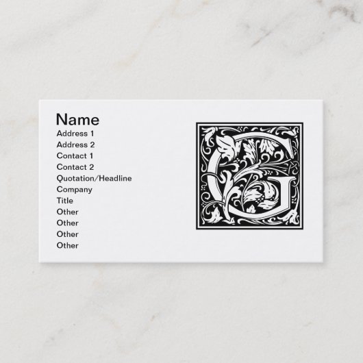 Carte De Visite Lettre G Monogramme médiéval Art Nouveau (Devant)