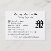 Carte De Visite Lettre gothique "M" Classique Anglais Initiale (Dos)