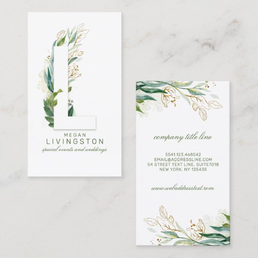 Carte De Visite Lettre L Monogramme Or Verdure Feuille Élégant (Devant / Derrière)