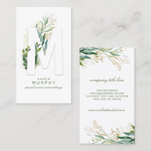 Carte De Visite Lettre M Monogramme Or Vert Feuille Élégant (Devant / Derrière)