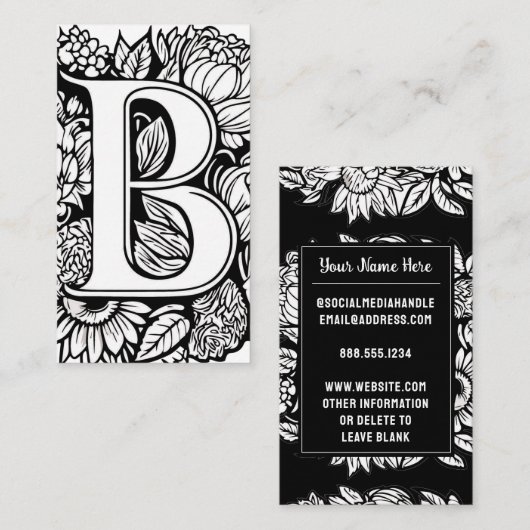 Carte De Visite Lettre monogramme B Fleur florale noire et blanche (Devant / Derrière)