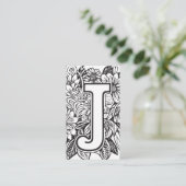 Carte De Visite Lettre monogramme J Simple Floral noir et blanc (Debout devant)