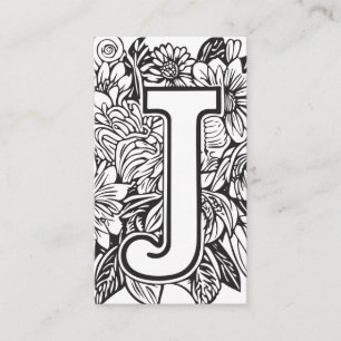 Carte De Visite Lettre monogramme J Simple Floral noir et blanc